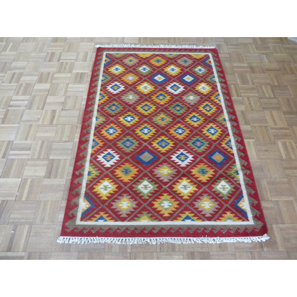 Isabelline Mahoganee Handmade Flatweave Wool Blue/Yellow/Red Rug Wayfair